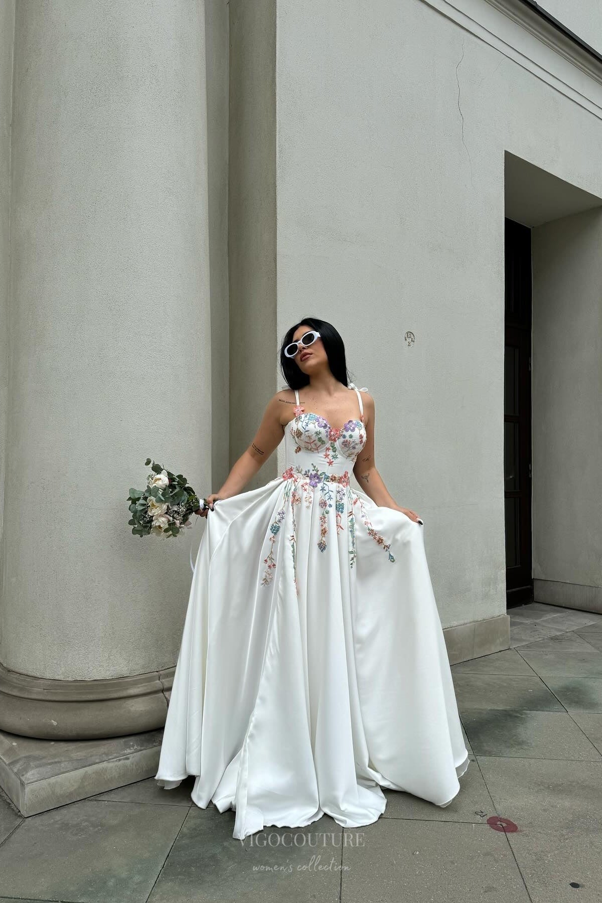 Wedding Dresses 2025 to impress Ivory Floral Embroidered Wedding Dress with Tie Straps, Colorful Wildflower Motifs & Flowing A-Line Skirt – W2368-vigocouture-vigocouture