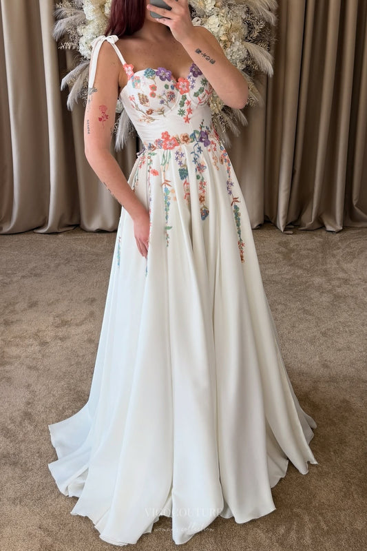 Ivory Floral Embroidered Wedding Dress with Tie Straps, Colorful Wildflower Motifs & Flowing A-Line Skirt – W2368
