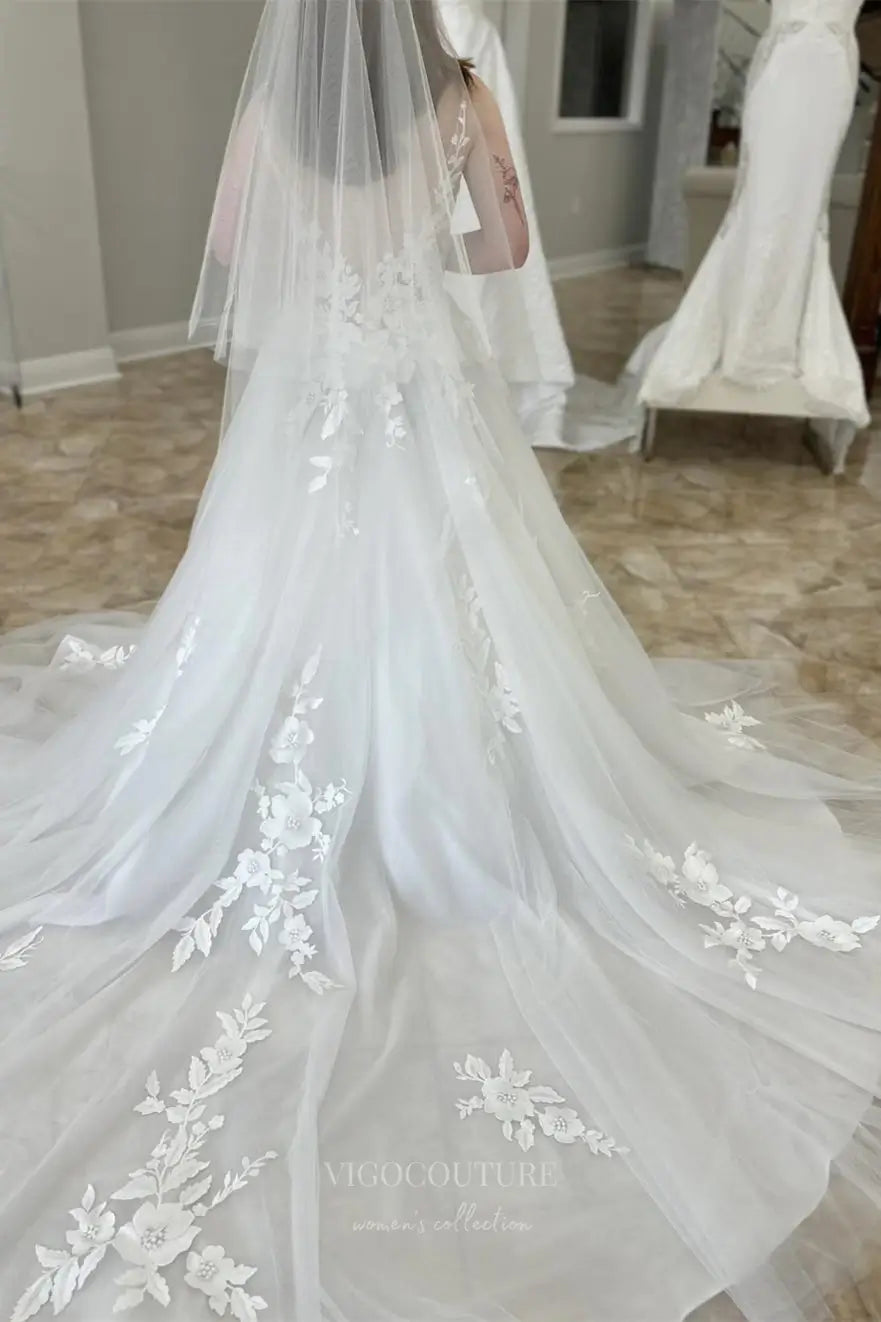 Wedding Dresses 2025 to impress Ivory Floral Lace A-Line Wedding Dress with Deep V Neck, Sheer Back, Spaghetti Strap, Chapel Train – W2250-vigocouture-vigocouture