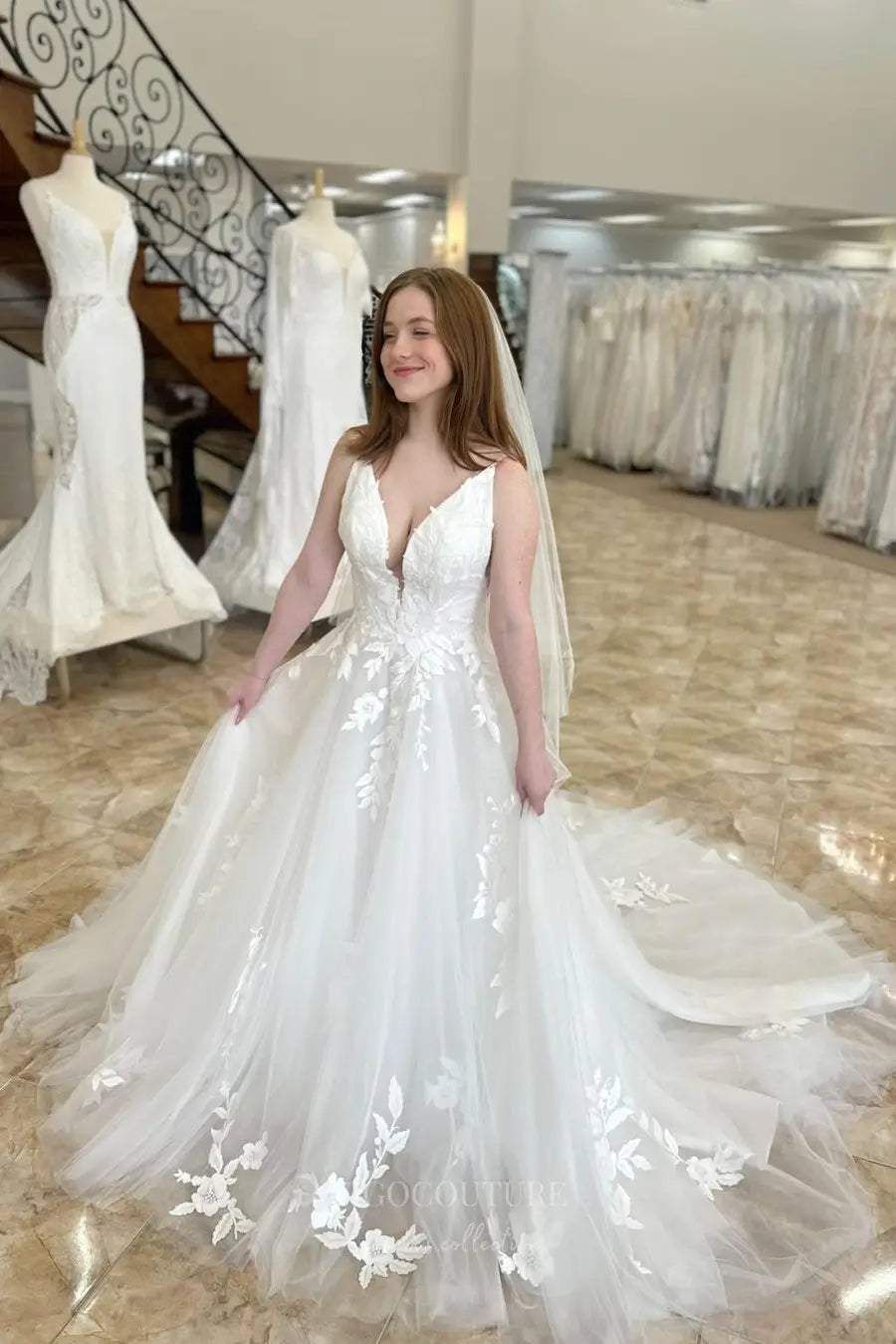 Wedding Dresses 2025 to impress Ivory Floral Lace A-Line Wedding Dress with Deep V Neck, Sheer Back, Spaghetti Strap, Chapel Train – W2250-vigocouture-vigocouture