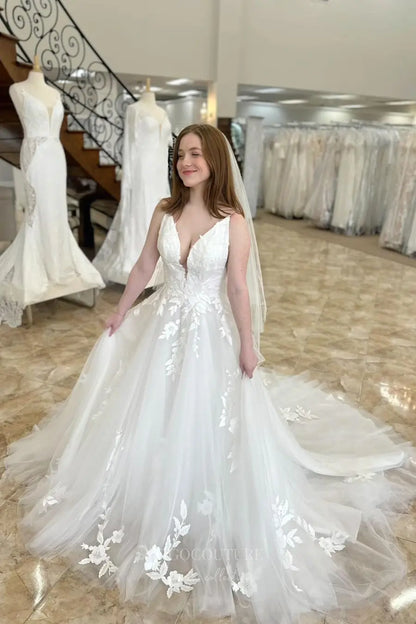 Wedding Dresses 2025 to impress Ivory Floral Lace A-Line Wedding Dress with Deep V Neck, Sheer Back, Spaghetti Strap, Chapel Train – W2250-vigocouture-vigocouture