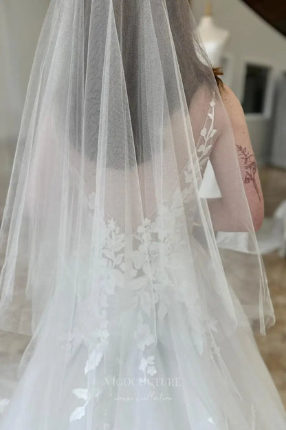 Wedding Dresses 2025 to impress Ivory Floral Lace A-Line Wedding Dress with Deep V Neck, Sheer Back, Spaghetti Strap, Chapel Train – W2250-vigocouture-vigocouture