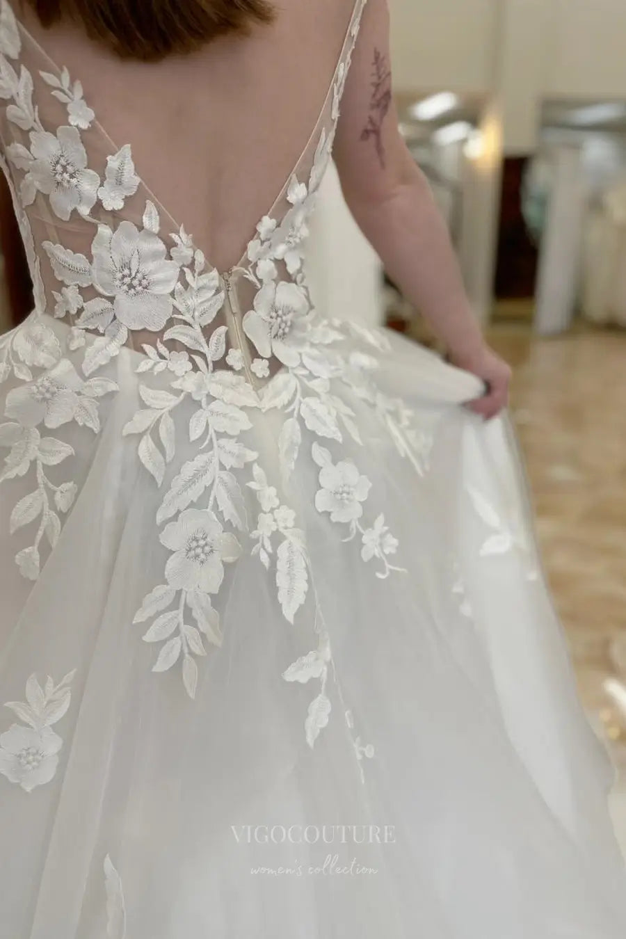 Wedding Dresses 2025 to impress Ivory Floral Lace A-Line Wedding Dress with Deep V Neck, Sheer Back, Spaghetti Strap, Chapel Train – W2250-vigocouture-vigocouture