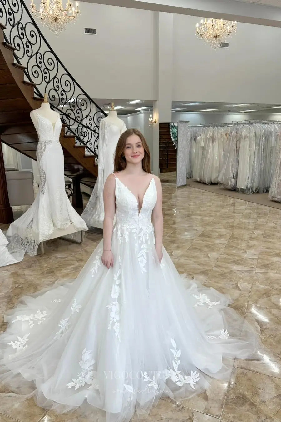 Ivory Floral Lace A-Line Wedding Dress with Deep V Neck, Sheer Back, Spaghetti Strap, Chapel Train – W2250