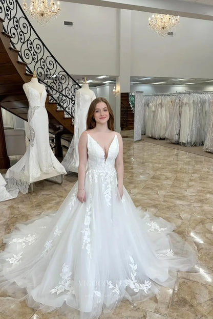 Ivory Floral Lace A-Line Wedding Dress with Deep V Neck, Sheer Back, Spaghetti Strap, Chapel Train – W2250