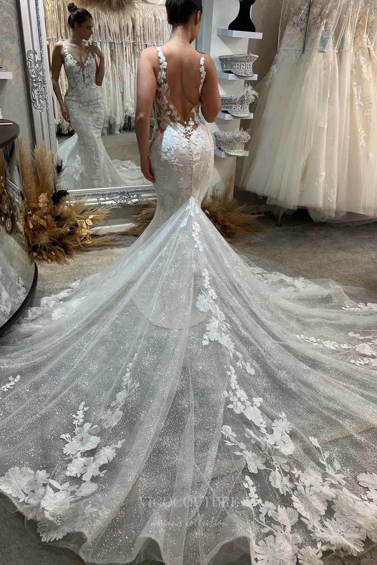 Wedding Dresses 2025 to impress Ivory Floral Lace Mermaid Wedding Dress with Illusion Corset Bodice, Plunging Neckline, Low Open Back & Sparkly Cathedral Train – W2276-vigocouture-vigocouture