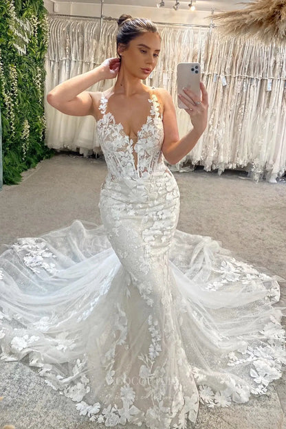 Wedding Dresses 2025 to impress Ivory Floral Lace Mermaid Wedding Dress with Illusion Corset Bodice, Plunging Neckline, Low Open Back & Sparkly Cathedral Train – W2276-vigocouture-vigocouture