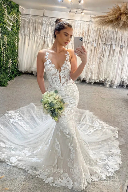 Ivory Floral Lace Mermaid Wedding Dress with Illusion Corset Bodice, Plunging Neckline, Low Open Back & Sparkly Cathedral Train – W2276