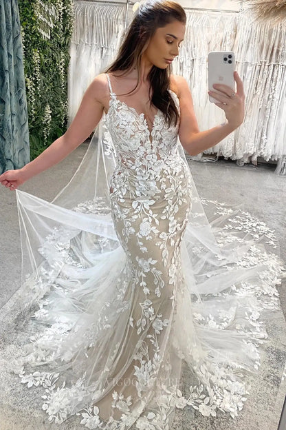 Wedding Dresses 2025 to impress Ivory Floral Lace Mermaid Wedding Dress with Plunging Neckline, Spaghetti Strap, Low Back & Detachable Tulle Cape – W2277-vigocouture-vigocouture