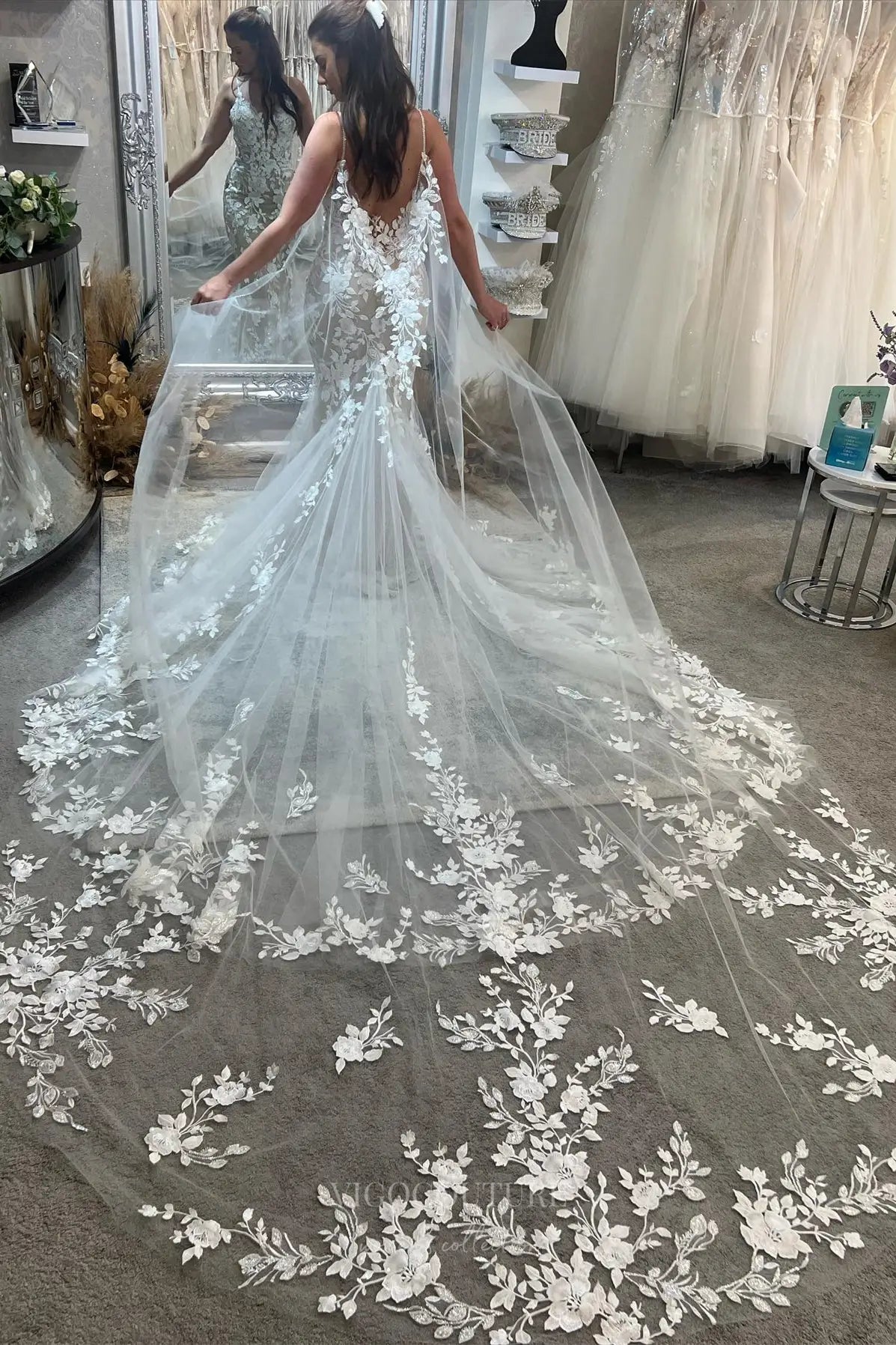 Ivory Floral Lace Mermaid Wedding Dress with Plunging Neckline, Spaghetti Strap, Low Back & Detachable Tulle Cape – W2277