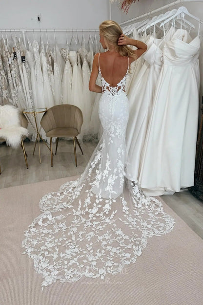 Wedding Dresses 2025 to impress Ivory Floral Lace Mermaid Wedding Dress with Sheer Corset Bodice, Spaghetti Straps, Low Open Back & Chapel Train – W2279-vigocouture-vigocouture