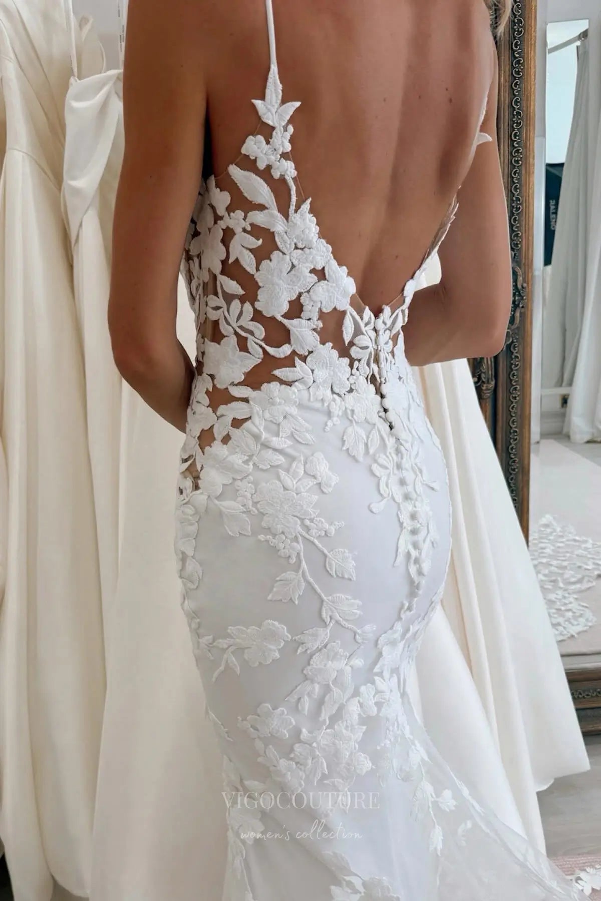 Wedding Dresses 2025 to impress Ivory Floral Lace Mermaid Wedding Dress with Sheer Corset Bodice, Spaghetti Straps, Low Open Back & Chapel Train – W2279-vigocouture-vigocouture
