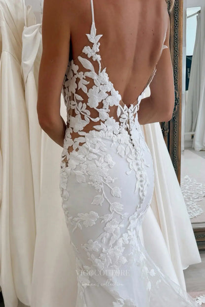 Wedding Dresses 2025 to impress Ivory Floral Lace Mermaid Wedding Dress with Sheer Corset Bodice, Spaghetti Straps, Low Open Back & Chapel Train – W2279-vigocouture-vigocouture