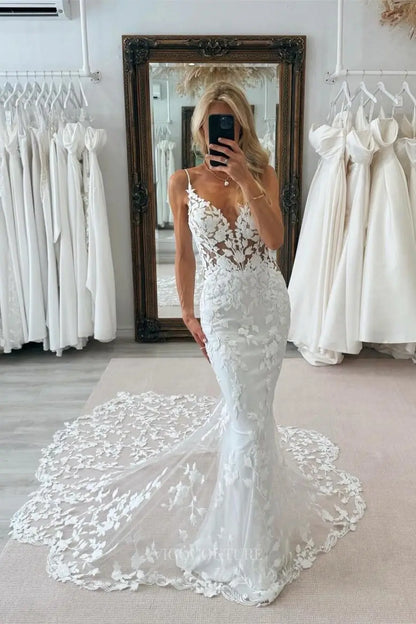Ivory Floral Lace Mermaid Wedding Dress with Sheer Corset Bodice, Spaghetti Straps, Low Open Back & Chapel Train – W2279
