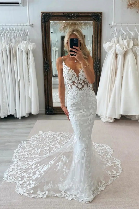 Ivory Floral Lace Mermaid Wedding Dress with Sheer Corset Bodice, Spaghetti Straps, Low Open Back & Chapel Train – W2279