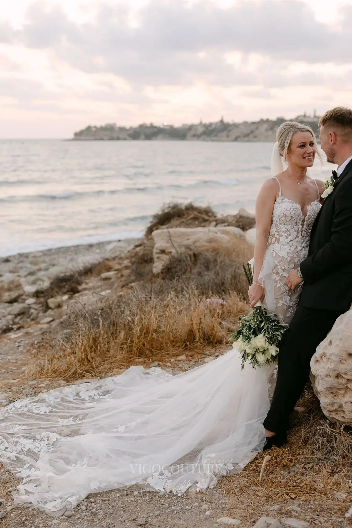 Wedding Dresses 2025 to impress Ivory Floral Lace Mermaid Wedding Dress with Sheer Nude Lining, Spaghetti Straps & Chapel Tulle Train – W2283-vigocouture-vigocouture
