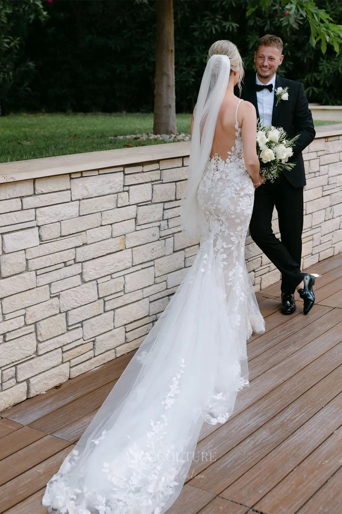 Wedding Dresses 2025 to impress Ivory Floral Lace Mermaid Wedding Dress with Sheer Nude Lining, Spaghetti Straps & Chapel Tulle Train – W2283-vigocouture-vigocouture