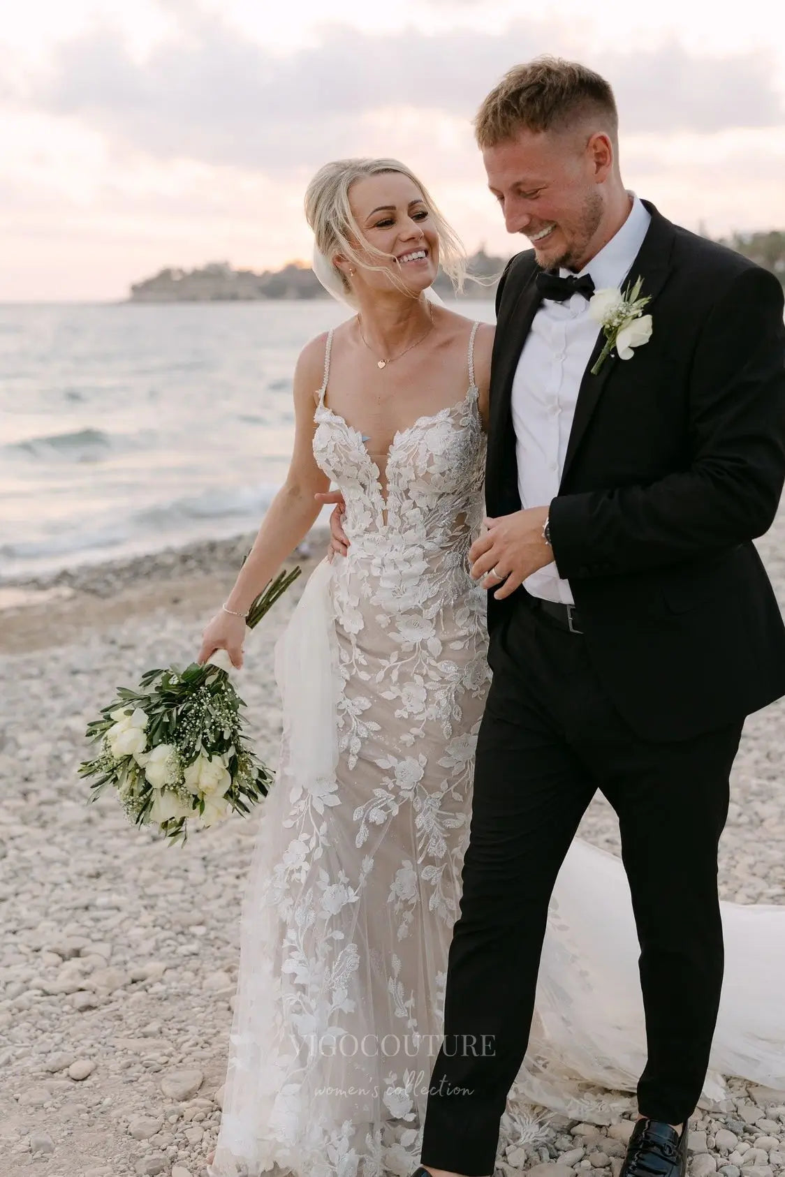 Wedding Dresses 2025 to impress Ivory Floral Lace Mermaid Wedding Dress with Sheer Nude Lining, Spaghetti Straps & Chapel Tulle Train – W2283-vigocouture-vigocouture