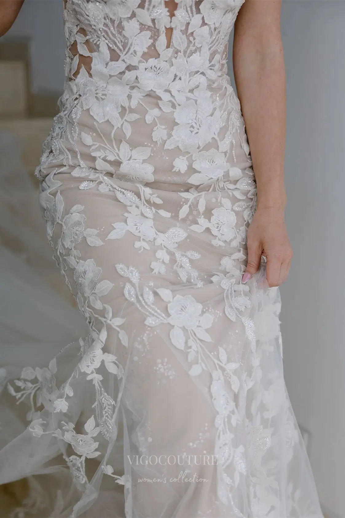 Wedding Dresses 2025 to impress Ivory Floral Lace Mermaid Wedding Dress with Sheer Nude Lining, Spaghetti Straps & Chapel Tulle Train – W2283-vigocouture-vigocouture