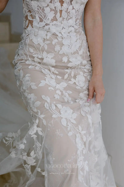Wedding Dresses 2025 to impress Ivory Floral Lace Mermaid Wedding Dress with Sheer Nude Lining, Spaghetti Straps & Chapel Tulle Train – W2283-vigocouture-vigocouture