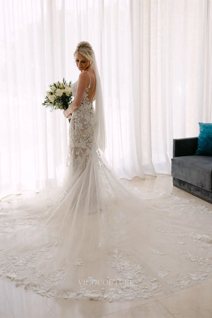 Ivory Floral Lace Mermaid Wedding Dress with Sheer Nude Lining, Spaghetti Straps & Chapel Tulle Train – W2283