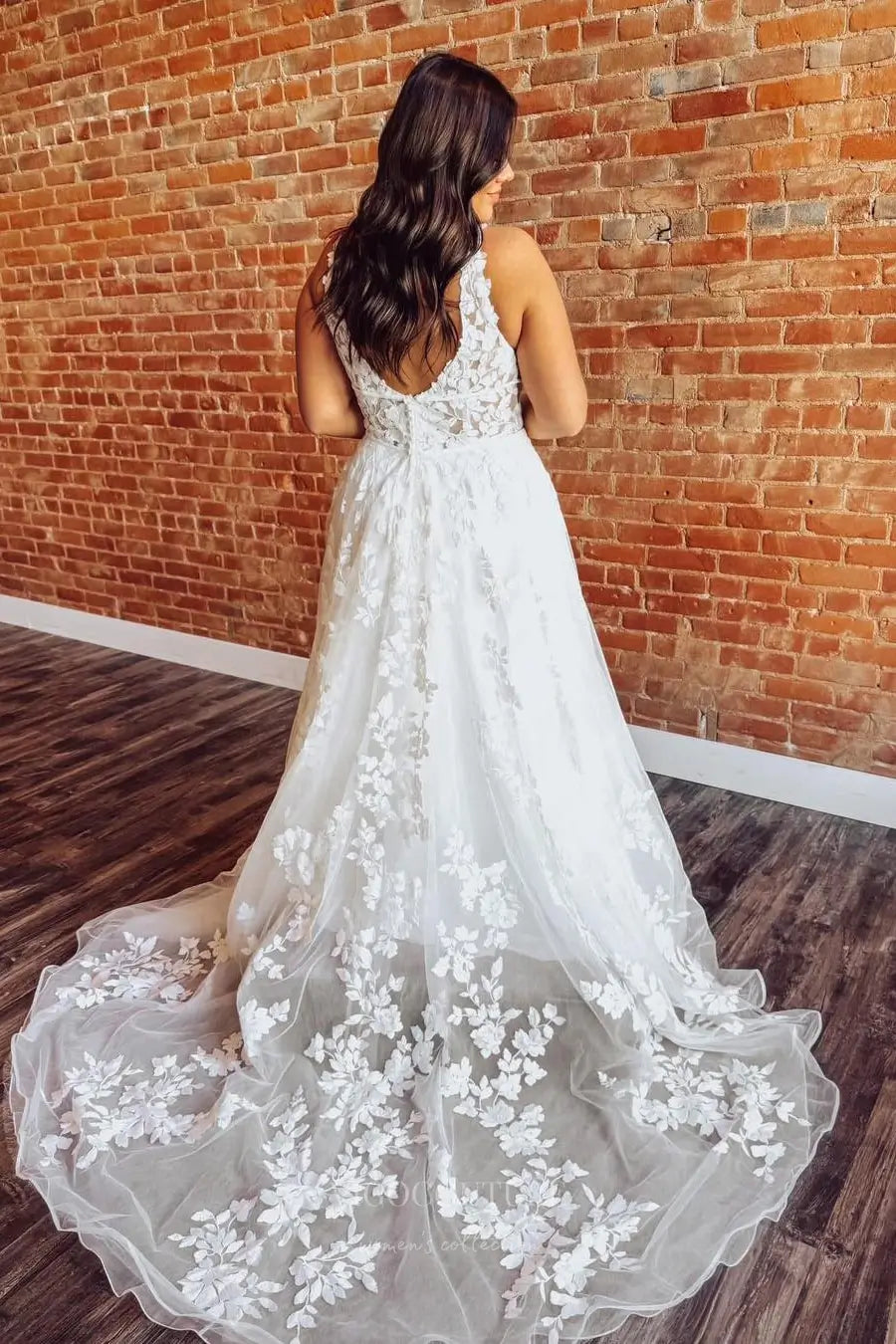 Wedding Dresses 2025 to impress Ivory Floral Lace Plus Size Wedding Dress with V-Neckline, Sheer Bodice & Chapel Train – W2255-vigocouture-vigocouture