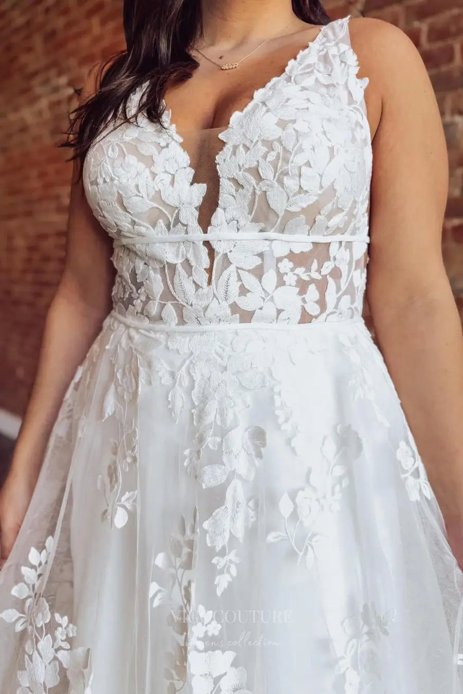 Wedding Dresses 2025 to impress Ivory Floral Lace Plus Size Wedding Dress with V-Neckline, Sheer Bodice & Chapel Train – W2255-vigocouture-vigocouture