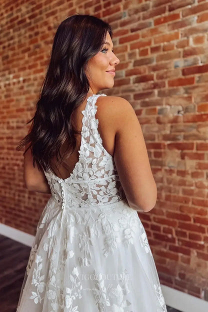 Wedding Dresses 2025 to impress Ivory Floral Lace Plus Size Wedding Dress with V-Neckline, Sheer Bodice & Chapel Train – W2255-vigocouture-vigocouture