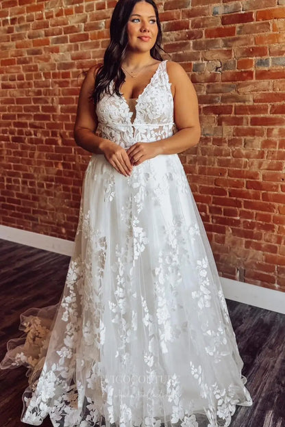 Ivory Floral Lace Plus Size Wedding Dress with V-Neckline, Sheer Bodice & Chapel Train – W2255