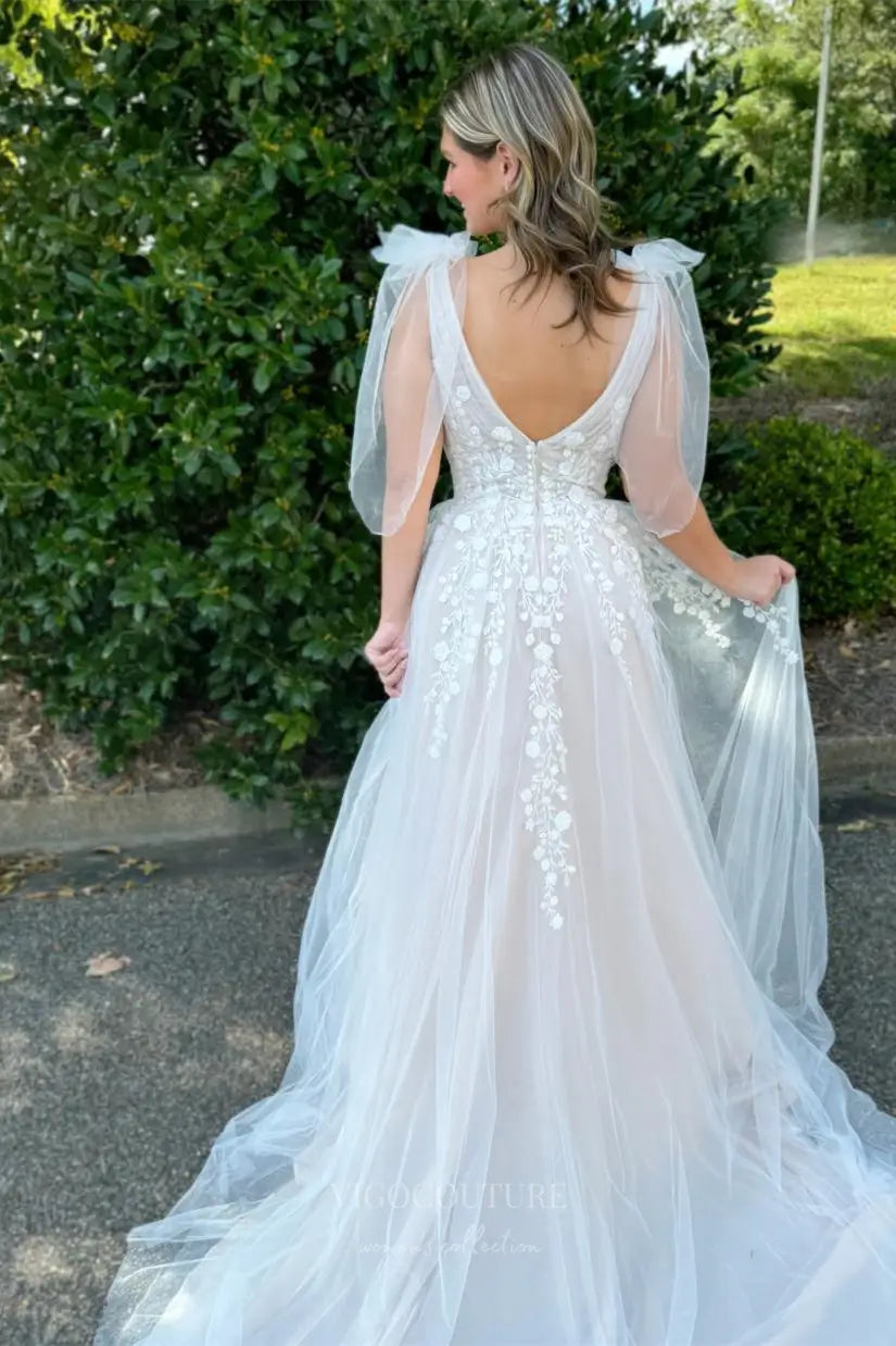 Ivory Floral Lace A-Line Wedding Dress with Plunging Neckline & Removable Tulle Bow-Tie Shoulders – W2245 Ivory / US16