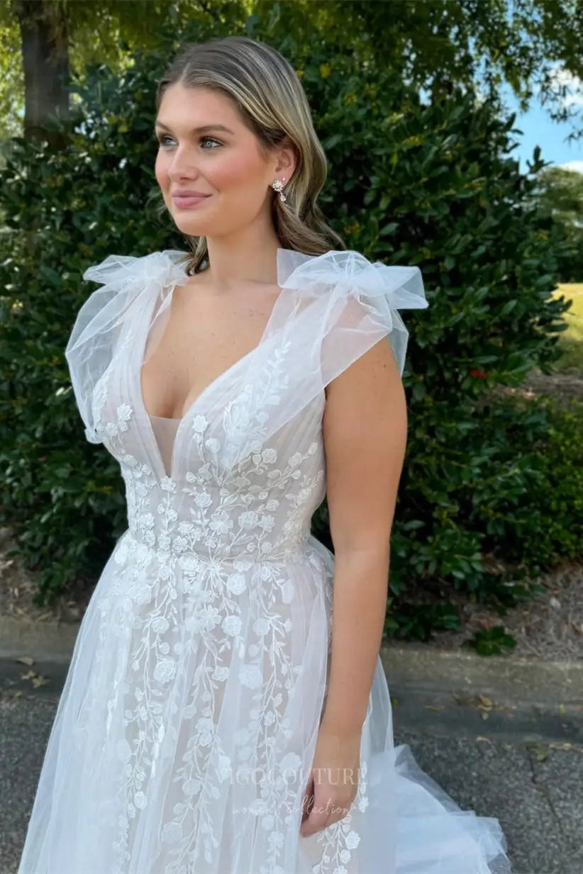 Ivory Floral Lace A-Line Wedding Dress with Plunging Neckline & Removable Tulle Bow-Tie Shoulders – W2245 Ivory / US16