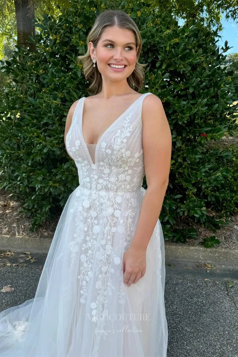 Ivory Floral Lace A-Line Wedding Dress with Plunging Neckline & Removable Tulle Bow-Tie Shoulders W2245 Ivory / US16 Ivory Floral Lace A-Line Wedding Dress with Plunging Neckline & Removable Tulle Bow-Tie Shoulders W2245 Ivory / US16