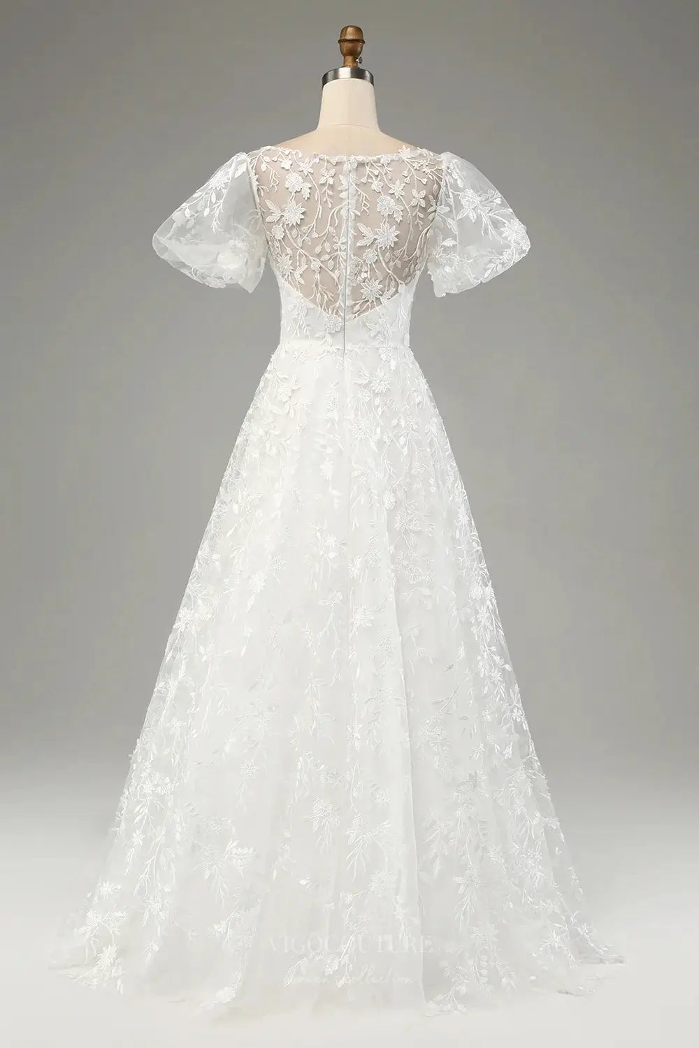 Wedding Dresses 2025 to impress Ivory Floral Lace Wedding Dress with Puff Sleeves, Illusion Neckline, and A-Line Skirt – W2239-vigocouture-vigocouture