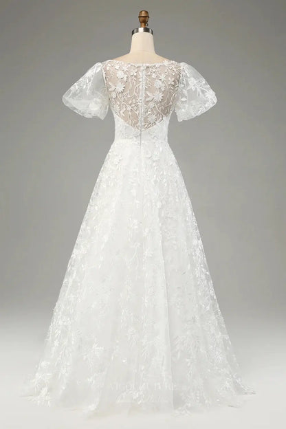 Wedding Dresses 2025 to impress Ivory Floral Lace Wedding Dress with Puff Sleeves, Illusion Neckline, and A-Line Skirt – W2239-vigocouture-vigocouture