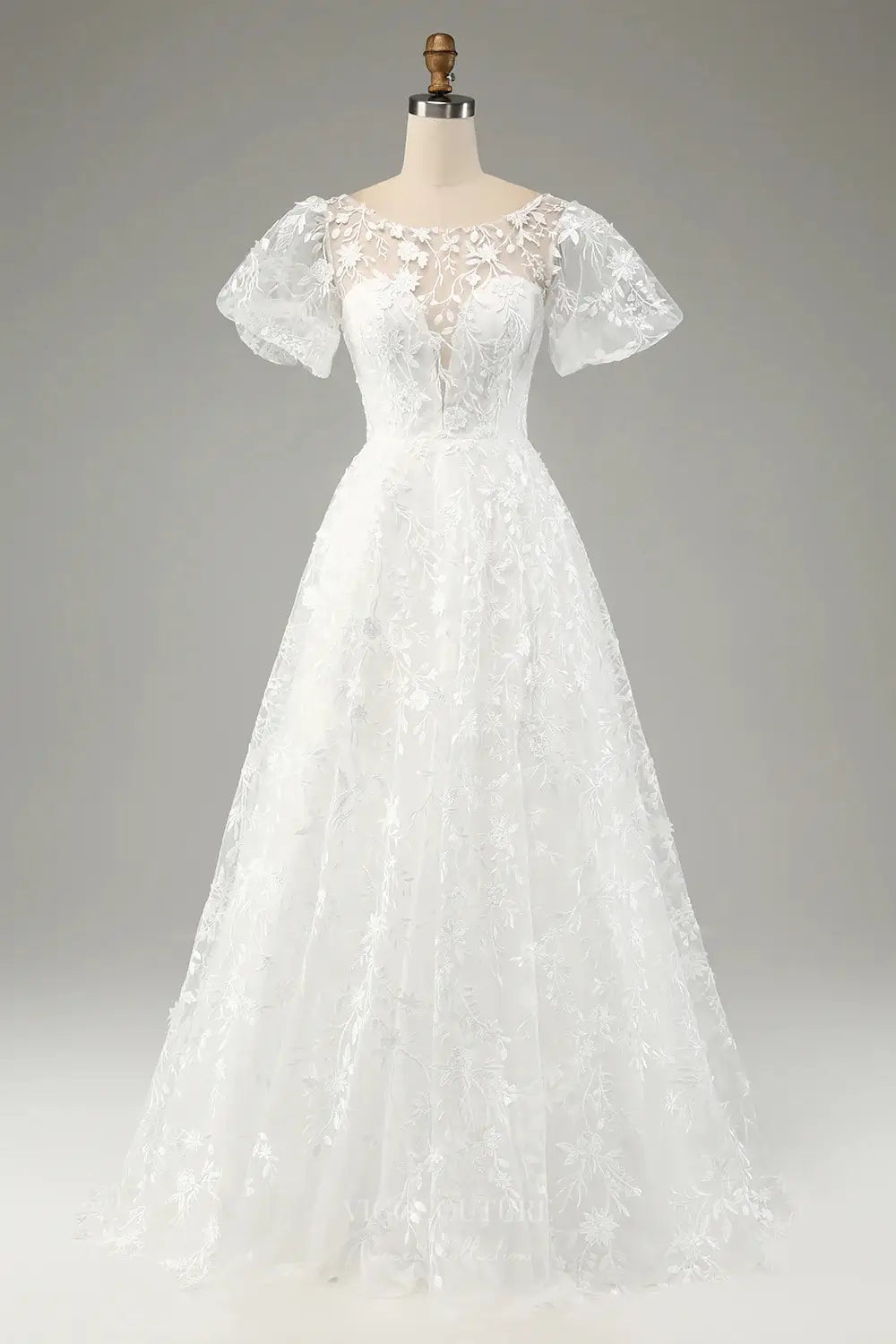 Ivory Floral Lace Wedding Dress with Puff Sleeves, Illusion Neckline, and A-Line Skirt – W2239