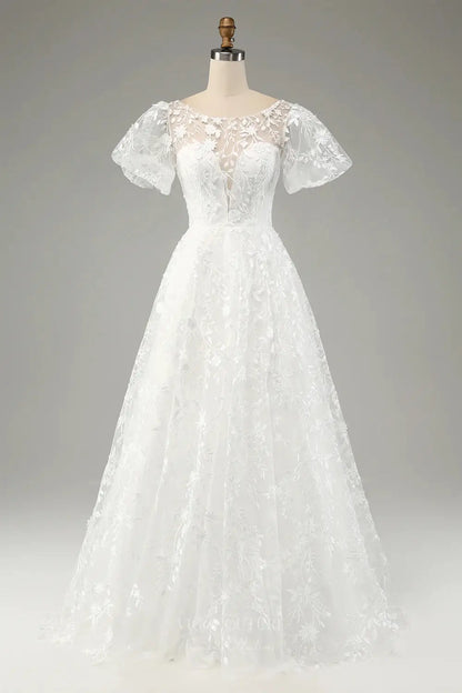 Ivory Floral Lace Wedding Dress with Puff Sleeves, Illusion Neckline, and A-Line Skirt – W2239