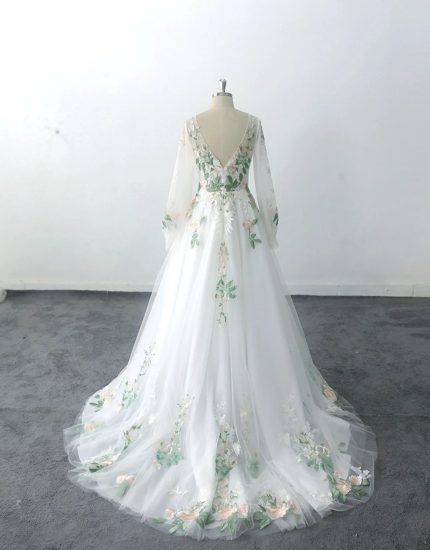 Wedding Dresses 2025 to impress Ivory Floral Lace Wedding Dresses with Sheer Long Sleeves & V-Neck - MQ014-vigocouture-vigocouture