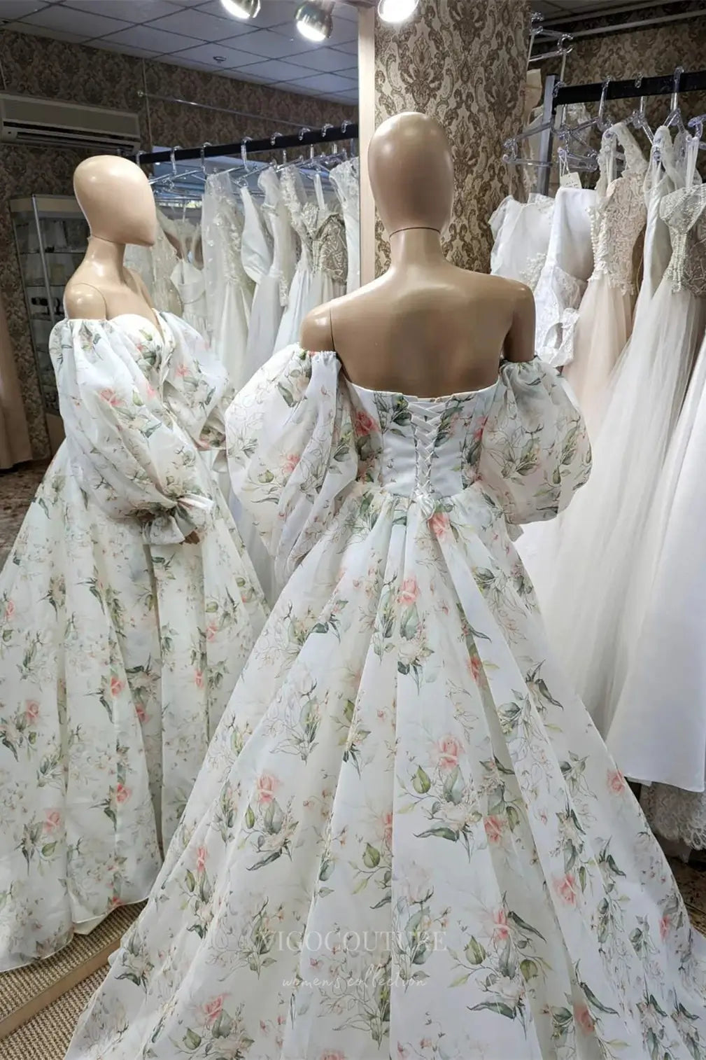 Wedding Dresses 2025 to impress Ivory Floral Off-Shoulder Organza Wedding Dress with Puff Sleeves, Sweetheart Neckline & Chapel Train – W2331-vigocouture-vigocouture