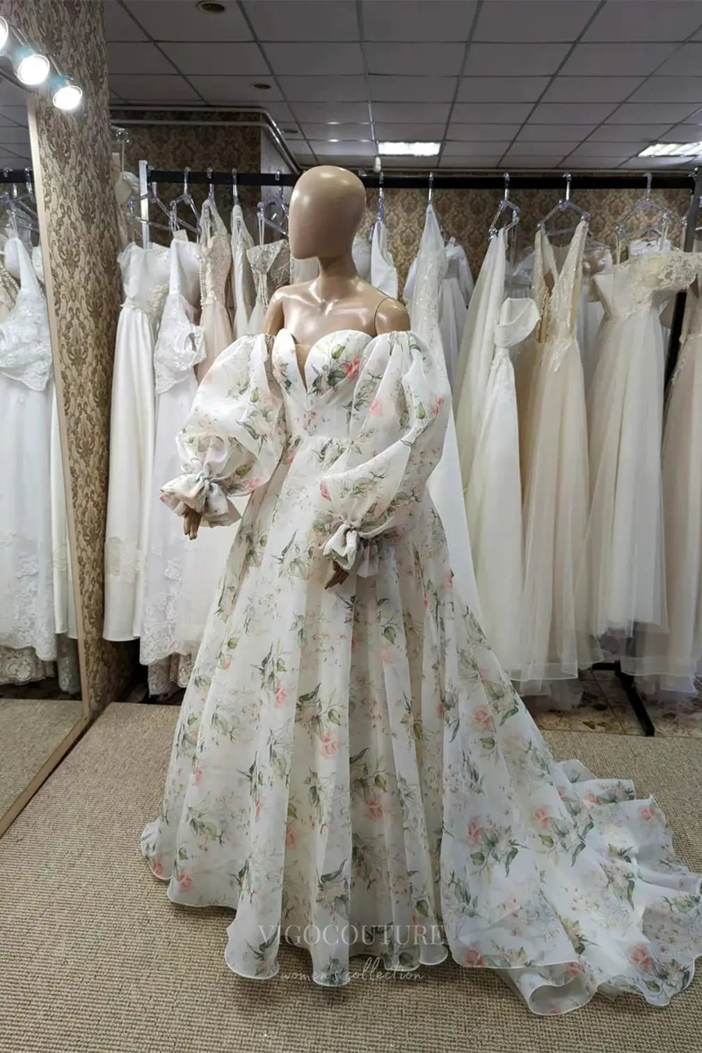 Wedding Dresses 2025 to impress Ivory Floral Off-Shoulder Organza Wedding Dress with Puff Sleeves, Sweetheart Neckline & Chapel Train – W2331-vigocouture-vigocouture