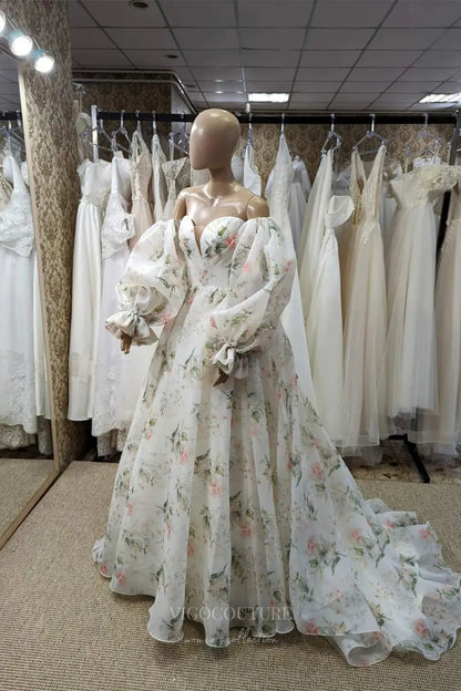 Wedding Dresses 2025 to impress Ivory Floral Off-Shoulder Organza Wedding Dress with Puff Sleeves, Sweetheart Neckline & Chapel Train – W2331-vigocouture-vigocouture