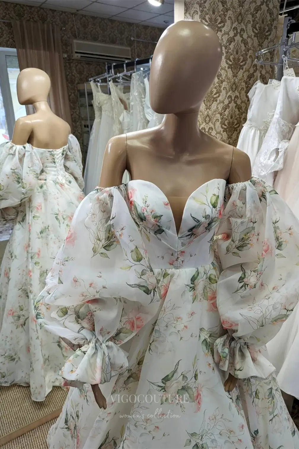 Wedding Dresses 2025 to impress Ivory Floral Off-Shoulder Organza Wedding Dress with Puff Sleeves, Sweetheart Neckline & Chapel Train – W2331-vigocouture-vigocouture