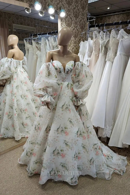 Ivory Floral Off-Shoulder Organza Wedding Dress with Puff Sleeves, Sweetheart Neckline & Chapel Train – W2331