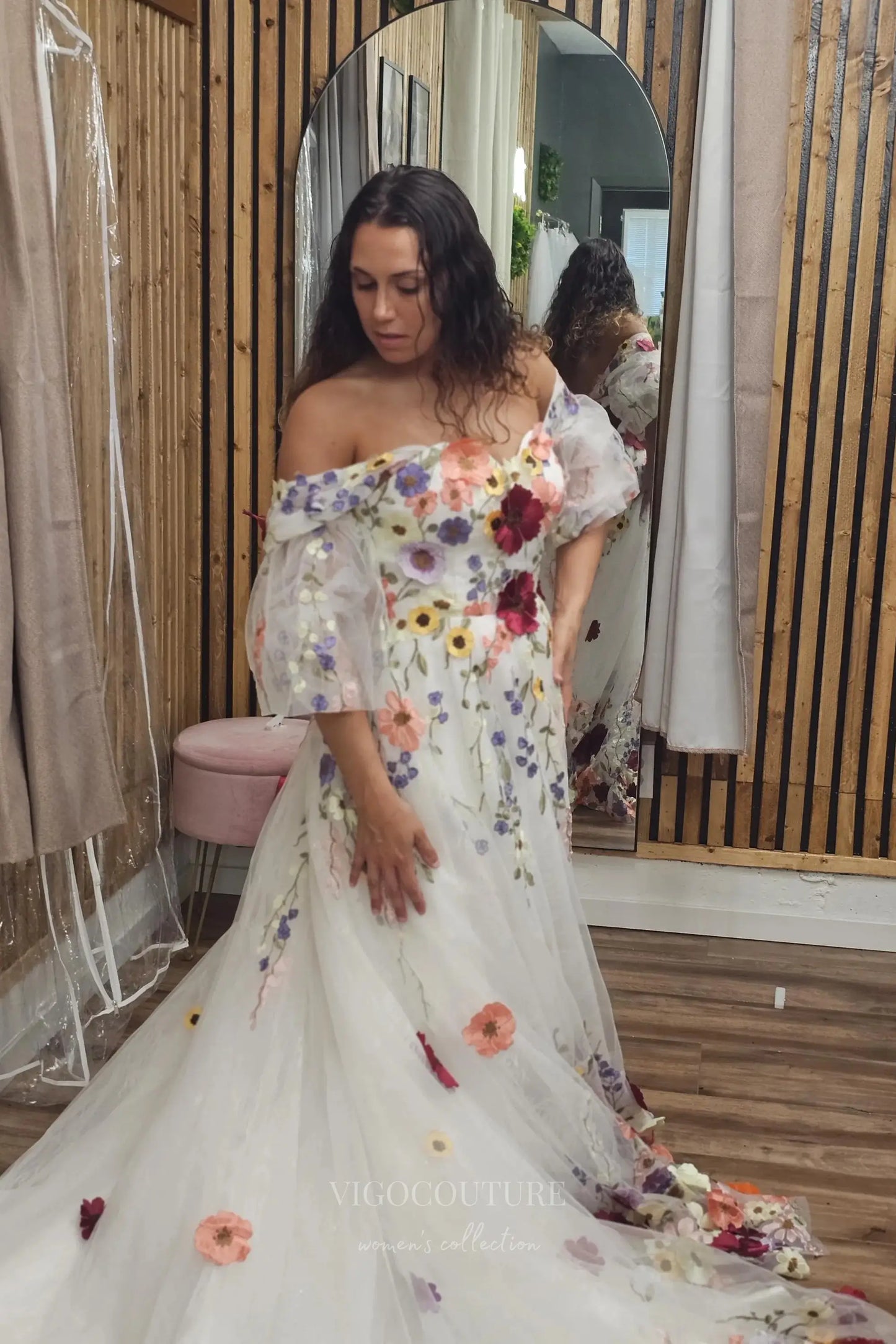 Wedding Dresses 2025 to impress Ivory Floral Off-Shoulder Tulle Wedding Dress with Embroidered Blooms, Puff Sleeves & Cathedral Train – W2333-vigocouture-vigocouture