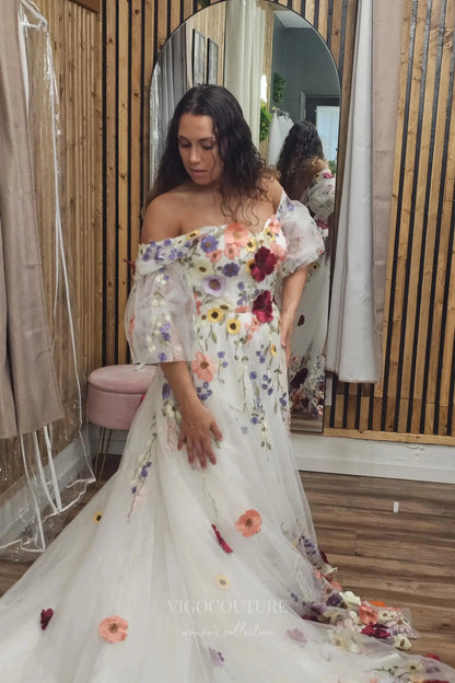 Wedding Dresses 2025 to impress Ivory Floral Off-Shoulder Tulle Wedding Dress with Embroidered Blooms, Puff Sleeves & Cathedral Train – W2333-vigocouture-vigocouture