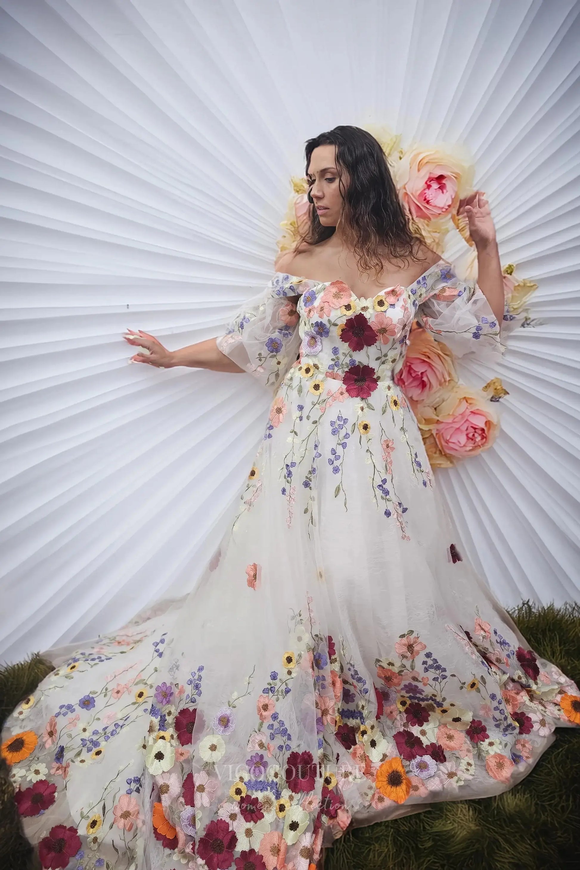 Wedding Dresses 2025 to impress Ivory Floral Off-Shoulder Tulle Wedding Dress with Embroidered Blooms, Puff Sleeves & Cathedral Train – W2333-vigocouture-vigocouture