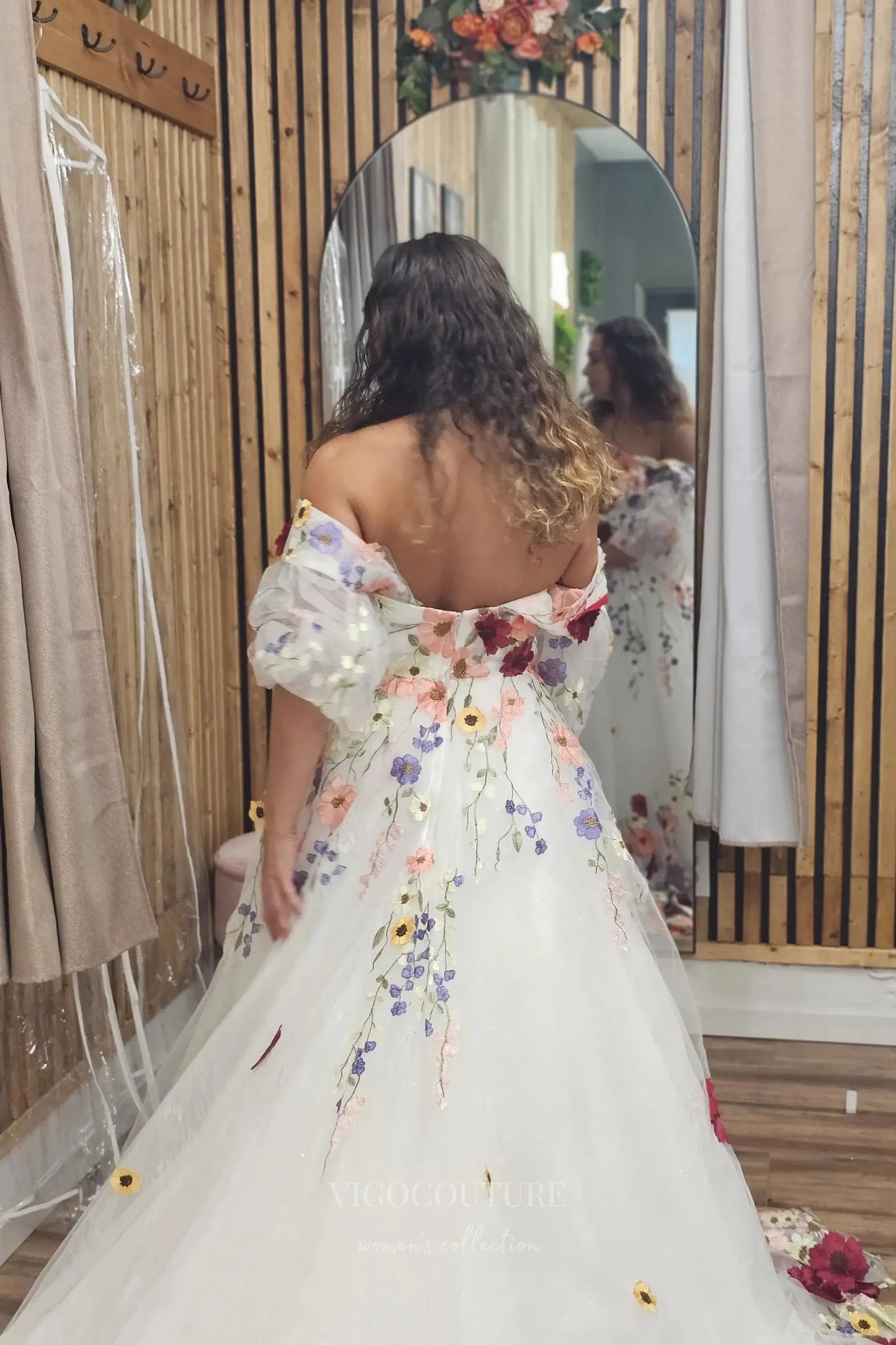 Wedding Dresses 2025 to impress Ivory Floral Off-Shoulder Tulle Wedding Dress with Embroidered Blooms, Puff Sleeves & Cathedral Train – W2333-vigocouture-vigocouture