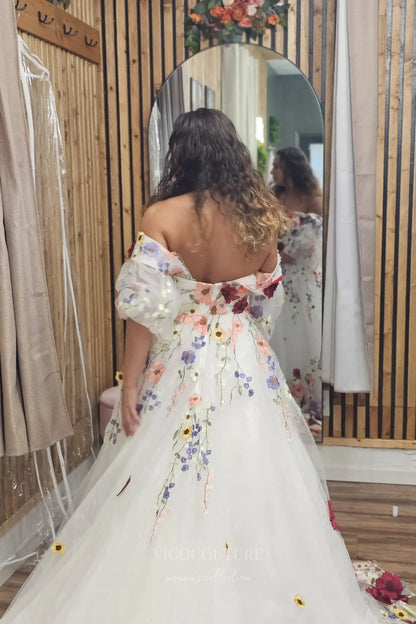 Wedding Dresses 2025 to impress Ivory Floral Off-Shoulder Tulle Wedding Dress with Embroidered Blooms, Puff Sleeves & Cathedral Train – W2333-vigocouture-vigocouture