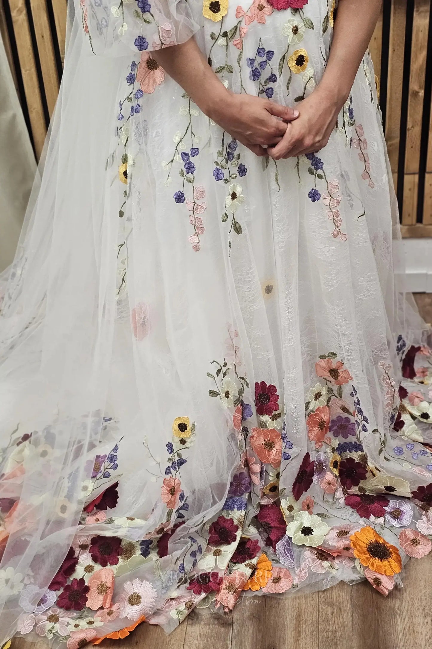 Wedding Dresses 2025 to impress Ivory Floral Off-Shoulder Tulle Wedding Dress with Embroidered Blooms, Puff Sleeves & Cathedral Train – W2333-vigocouture-vigocouture