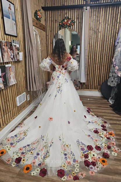 Ivory Floral Off-Shoulder Tulle Wedding Dress with Embroidered Blooms, Puff Sleeves & Cathedral Train – W2333