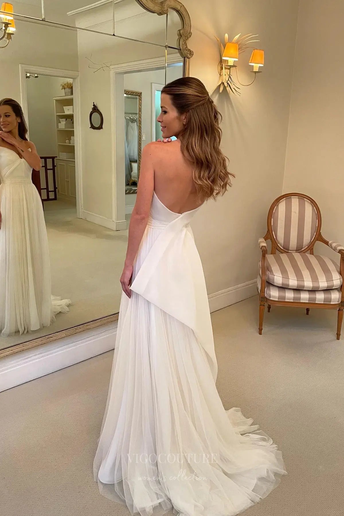 Wedding Dresses 2025 to impress Ivory Georgette A-Line Wedding Dress with Pleated Sweetheart Bodice and Back Bow – W2323-vigocouture-vigocouture